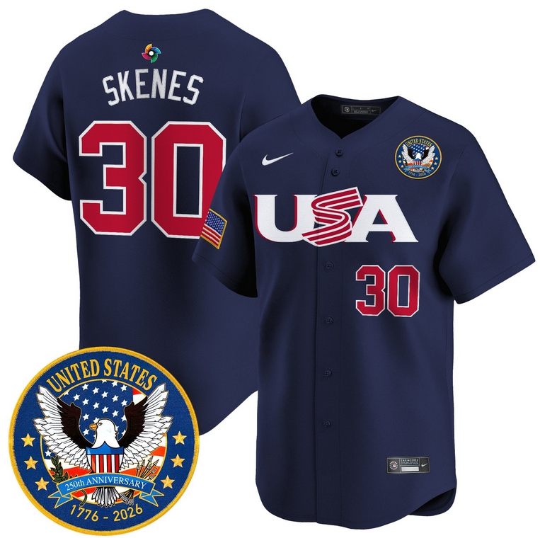 Men Team USA World Baseball Classic 250th Anniversary #30 Skenes navy blue 2026 Roster Patch Vapor Jersey->->